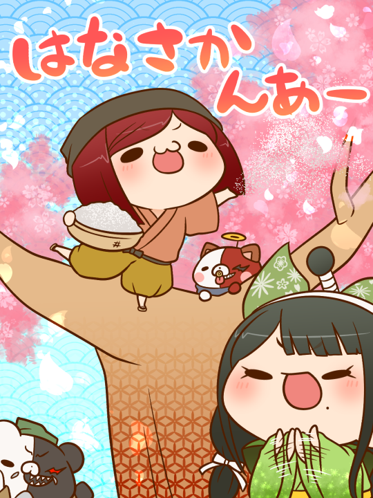 monokuma, yumeno himiko, chabashira tenko, monotaro, and topknot tanuki (danganronpa and 1 more) drawn by yumaru_(marumarumaru)