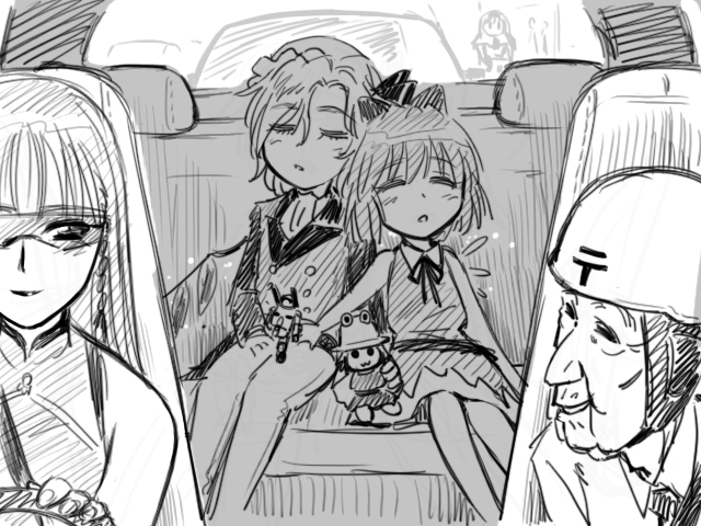 flandre scarlet, cirno, hong meiling, moriya suwako, and guncannon (touhou) drawn by gensoukoumuten