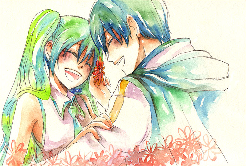 hatsune miku and kaito (vocaloid) drawn by miyuki_(aoisan)
