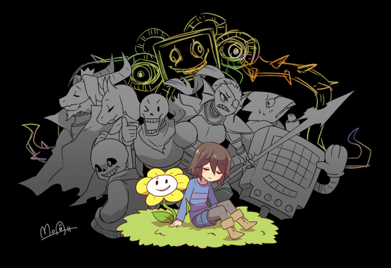 frisk, sans, undyne, papyrus, toriel, and 5 more (undertale) drawn by hato_moa