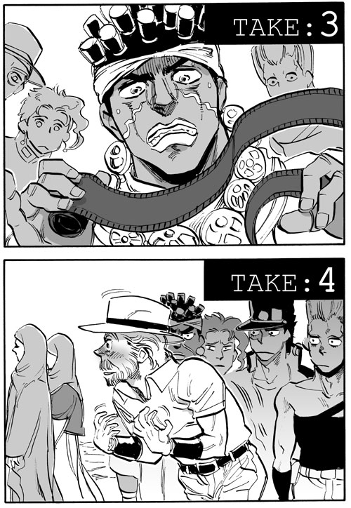 joseph joestar, kujo jotaro, kakyoin noriaki, jean pierre polnareff, and mohammed avdol (jojo no kimyou na bouken and 1 more) drawn by waraji_nugeta