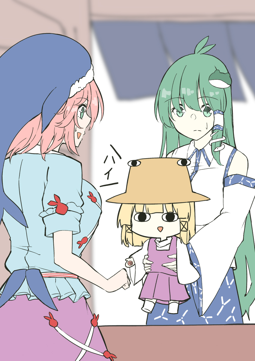 kochiya sanae, moriya suwako, and okunoda miyoi (touhou) drawn by deetamu