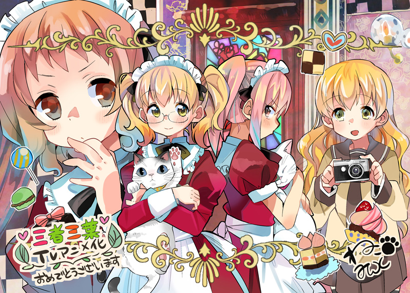 hayama teru, sonobe shino, nishiyama serina, and hayama kou (sansha san'you) drawn by sunameri_oishii