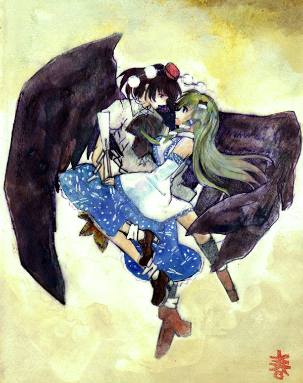 kochiya sanae and shameimaru aya (touhou) drawn by shunjitsu_(gondowana)