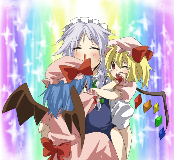 remilia scarlet, flandre scarlet, and izayoi sakuya (touhou and 1 more) drawn by kiji_(manekinuko-tei)