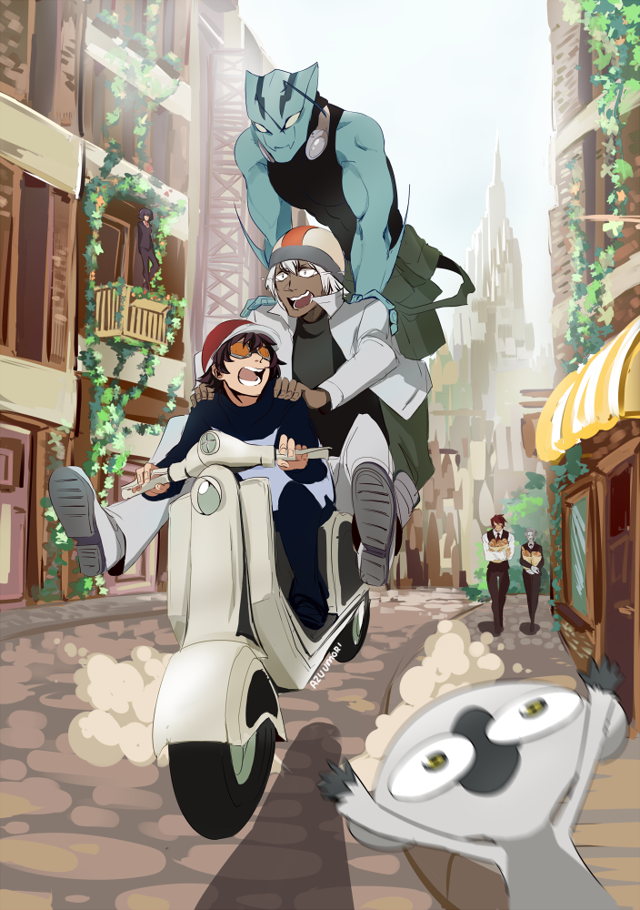klaus von reinhertz, leonardo watch, zap renfro, sonic speed monkey, zed o' brien, and 1 more (kekkai sensen) drawn by azuumori
