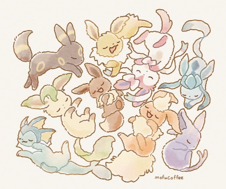 eevee, sylveon, umbreon, glaceon, vaporeon, and 4 more (pokemon) drawn by mofucoffee