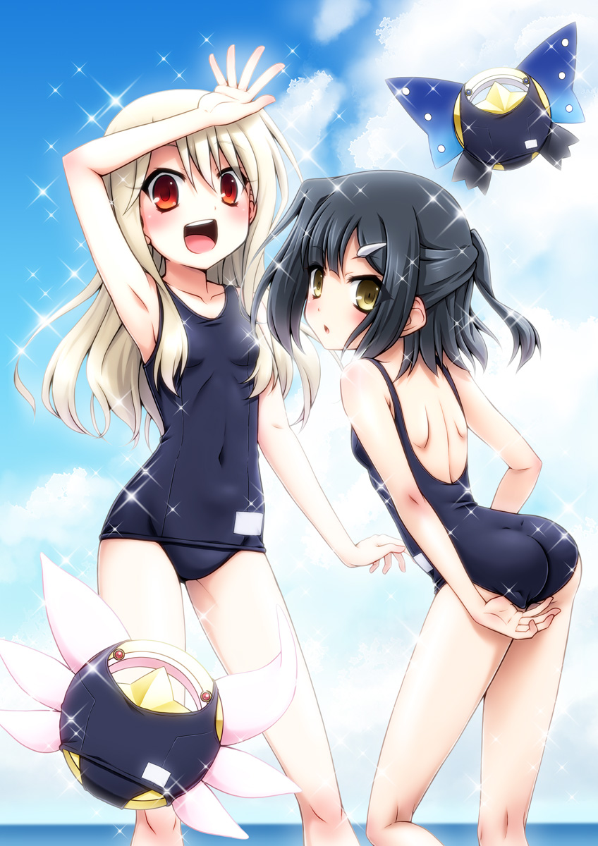 illyasviel von einzbern, miyu edelfelt, magical ruby, and magical sapphire (fate and 1 more) drawn by horiguchi_hiroshi