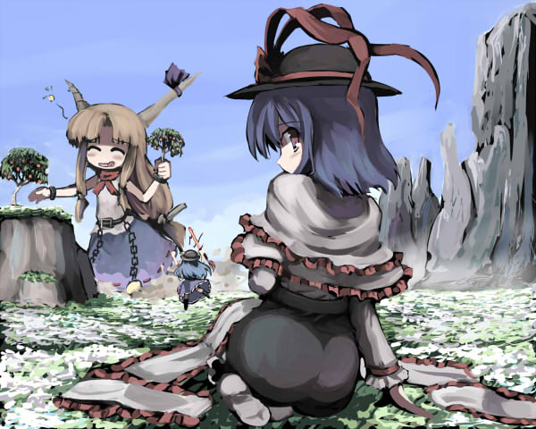 hinanawi tenshi, ibuki suika, and nagae iku (touhou) drawn by gatau