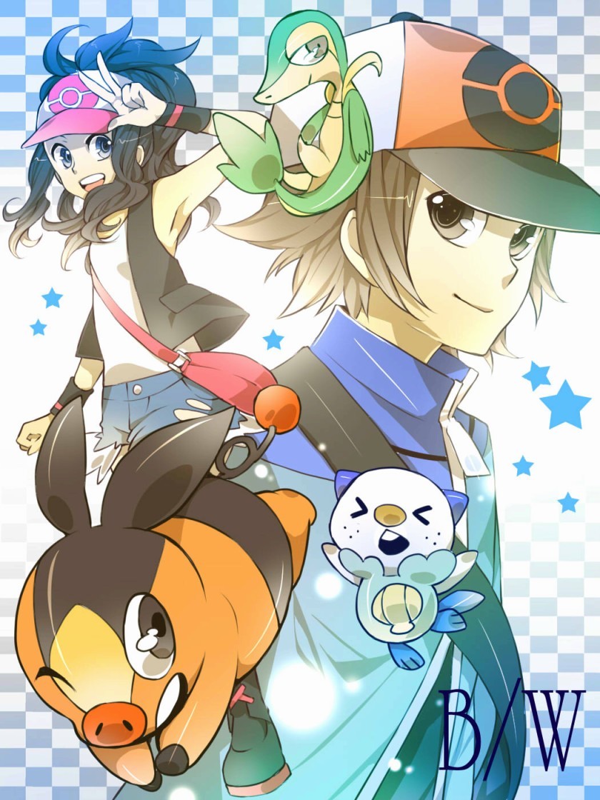 hilda, hilbert, oshawott, snivy, and tepig (pokemon and 1 more) drawn by sgawarananto