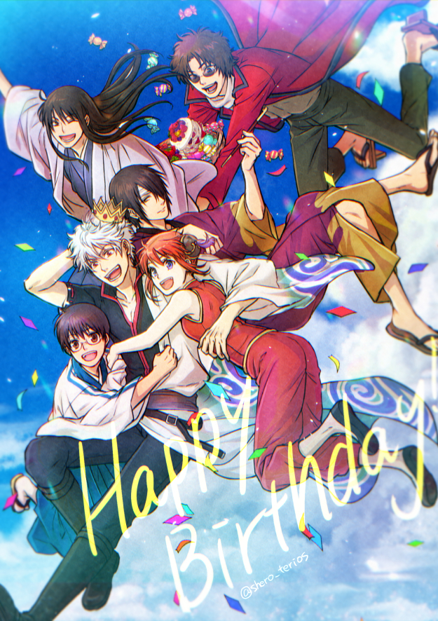 sakata gintoki, kagura, shimura shinpachi, takasugi shinsuke, katsura kotarou, and 1 more (gintama) drawn by tsurumura_ichiru