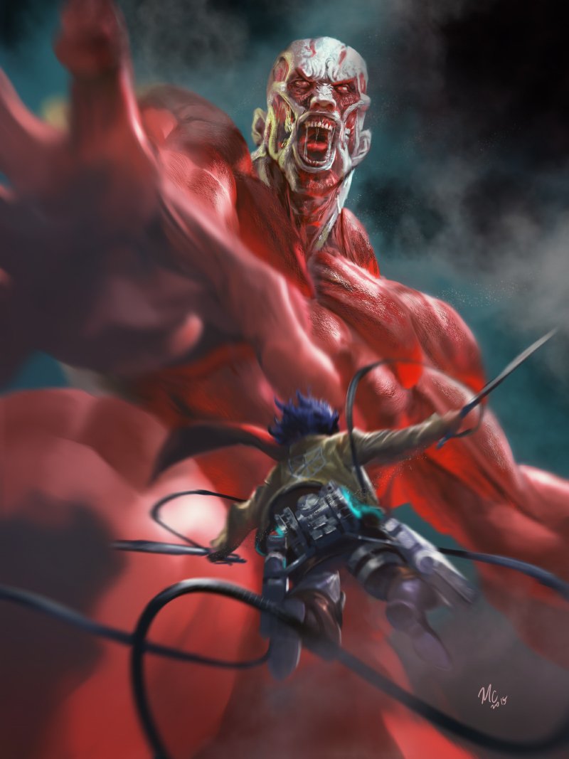 mikasa ackerman, titan, and colossal titan (shingeki no kyojin) drawn by michaelcty