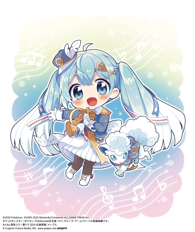 hatsune miku, yuki miku, and alolan vulpix (pokemon and 1 more) drawn by nishida_yuu