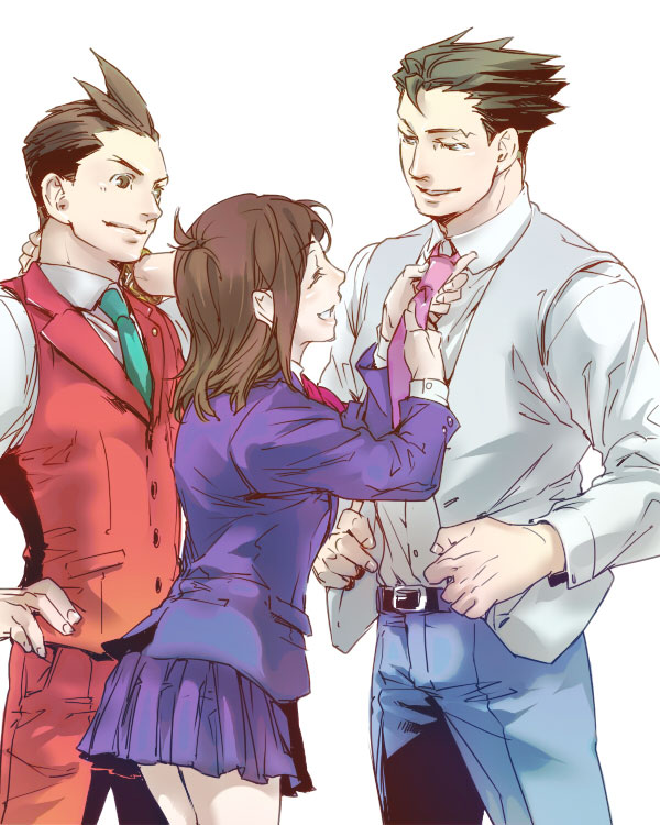 phoenix wright, apollo justice, and trucy wright (ace attorney and 1 more) drawn by kunihara