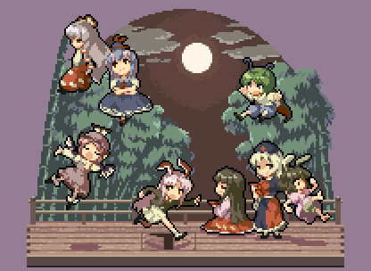 reisen udongein inaba, fujiwara no mokou, kamishirasawa keine, houraisan kaguya, mystia lorelei, and 3 more (touhou and 1 more) drawn by oobako