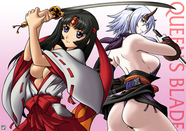 tomoe, musha miko tomoe, and shizuka (queen's blade) drawn by harada_shoutarou