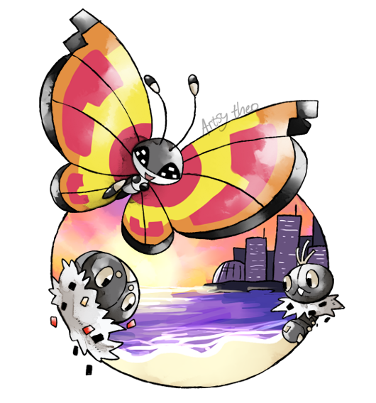 vivillon, spewpa, and scatterbug (pokemon) drawn by artsy-theo