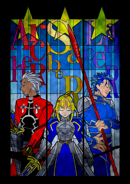 artoria pendragon, saber, cu chulainn, and archer (fate and 1 more) drawn by marble_(pixiv)