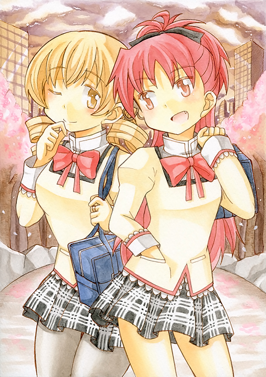 sakura kyoko and tomoe mami (mahou shoujo madoka magica) drawn by takeshisu