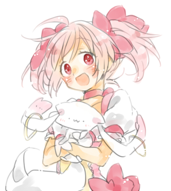 kaname madoka and kyubey (mahou shoujo madoka magica) drawn by 0lily0