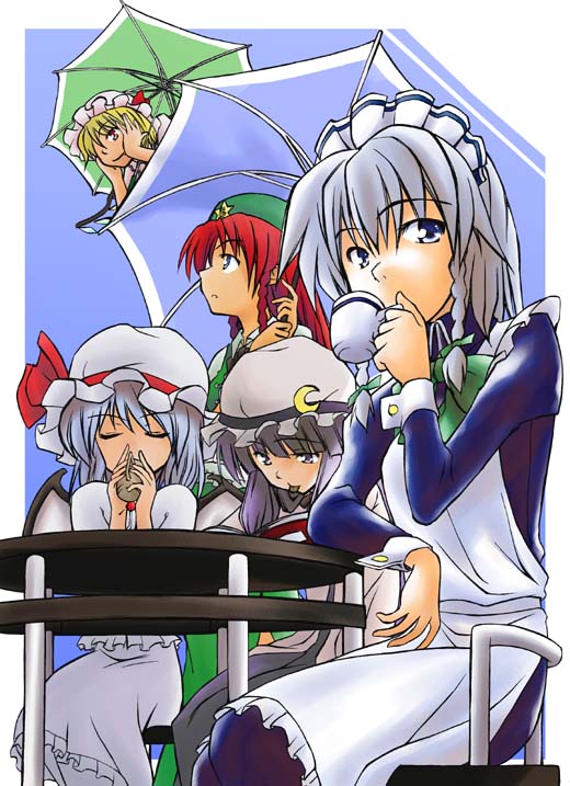 remilia scarlet, flandre scarlet, izayoi sakuya, patchouli knowledge, and hong meiling (touhou) drawn by hikawa_shou