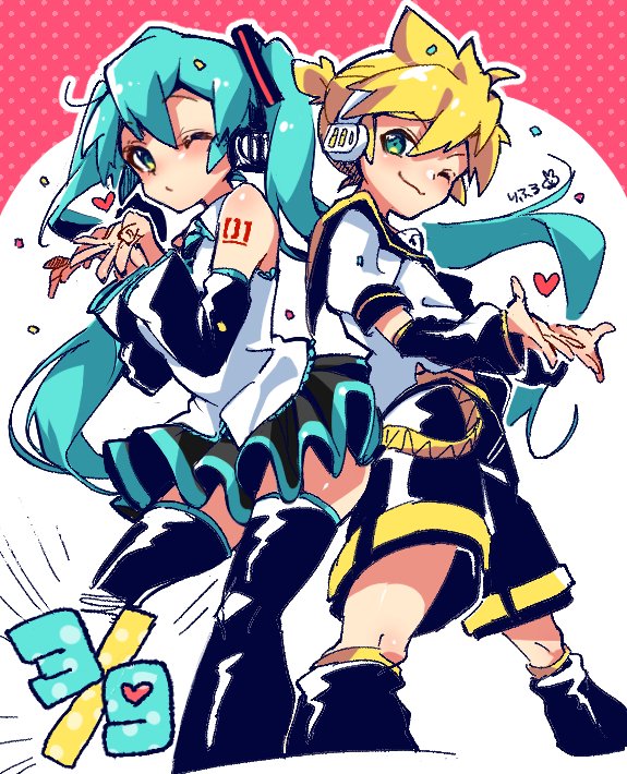 hatsune miku and kagamine len (vocaloid) drawn by rifuru