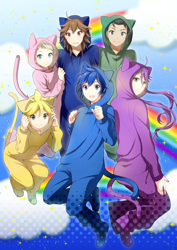 kagamine len, kaito, kamui gakupo, yuu, kyo, and 1 more (vocaloid and 1 more) drawn by kikuchi_mataha