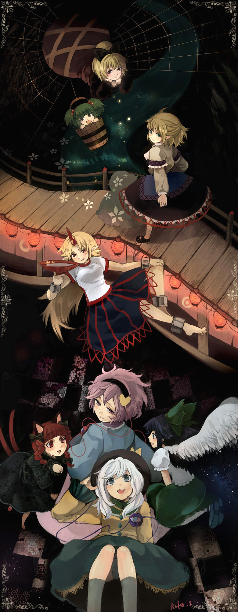 komeiji koishi, komeiji satori, kaenbyou rin, reiuji utsuho, mizuhashi parsee, and 3 more (touhou and 1 more) drawn by lovecom