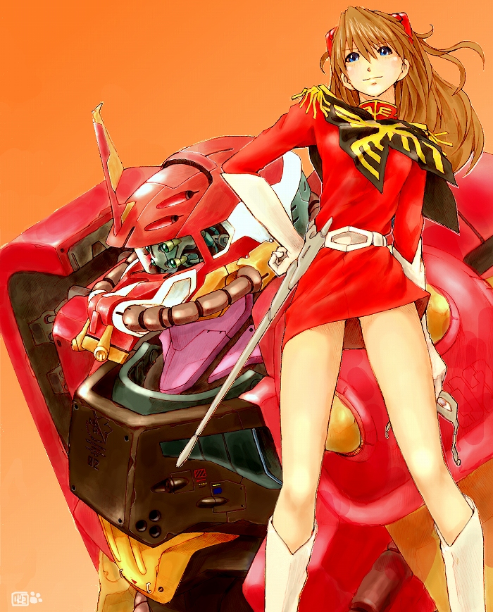 souryuu asuka langley, char aznable, eva 02, zaku ii, zaku ii s char custom, and 1 more (gundam and 3 more) drawn by kotatsu-spirit