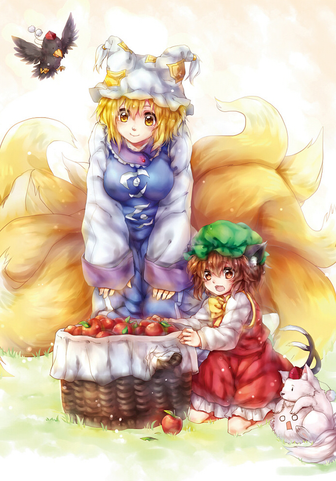 shameimaru aya, inubashiri momiji, yakumo ran, chen, and kedama (touhou) drawn by yudaoshan