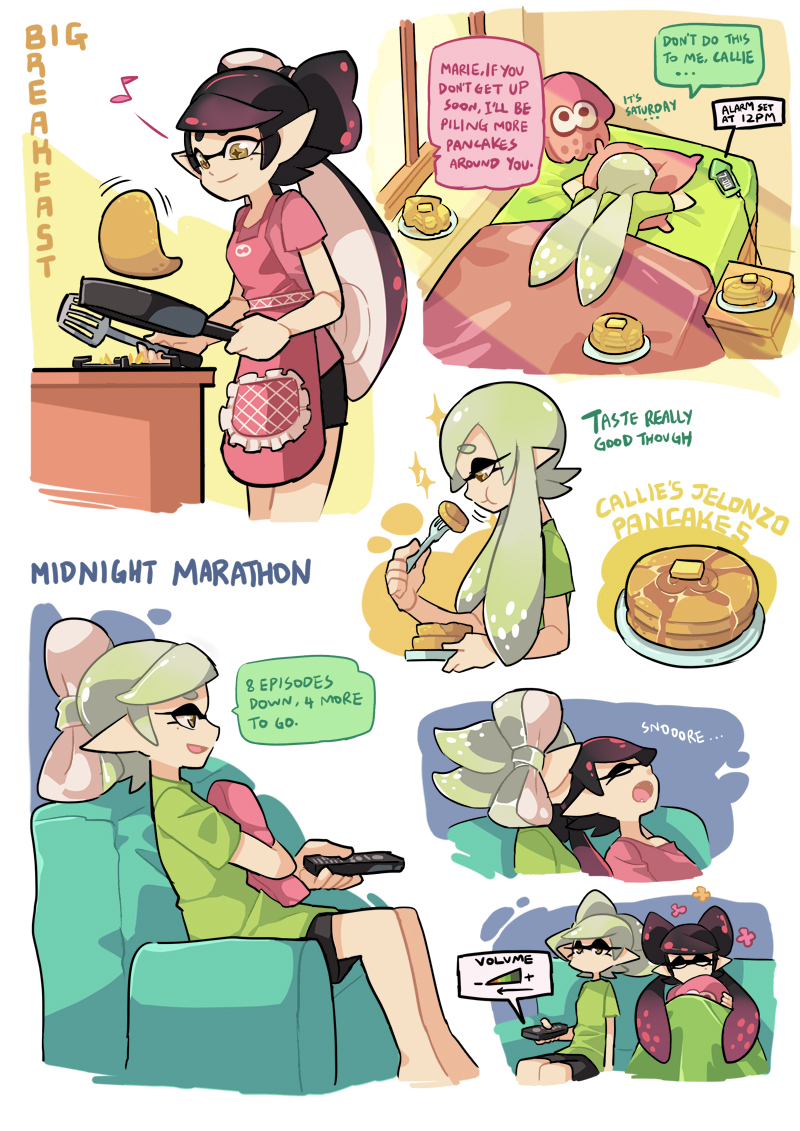 inkling player character, callie, and marie (splatoon and 1 more) drawn by gomipomi