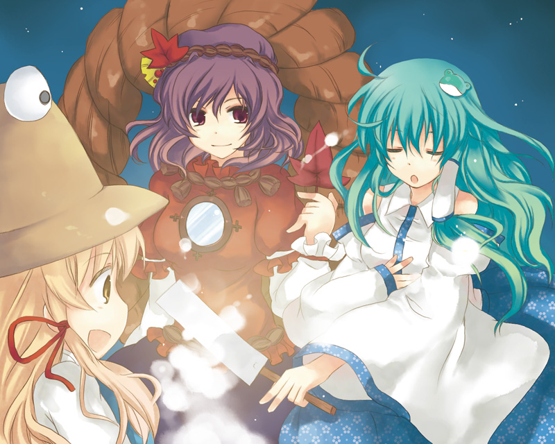 kochiya sanae, moriya suwako, yasaka kanako, and pyonta (touhou) drawn by akarino_(yucco)