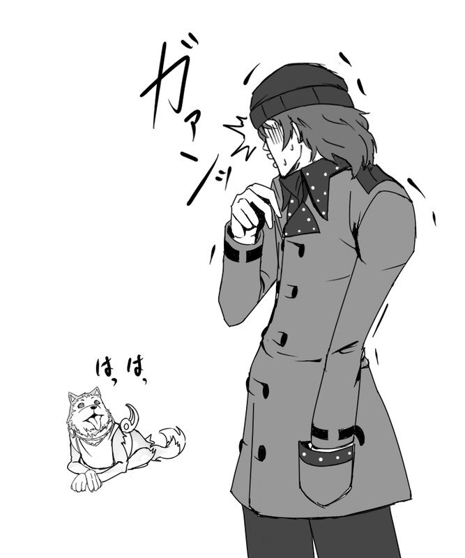 aragaki shinjirou and koromaru (persona and 2 more) drawn by suta_furachina