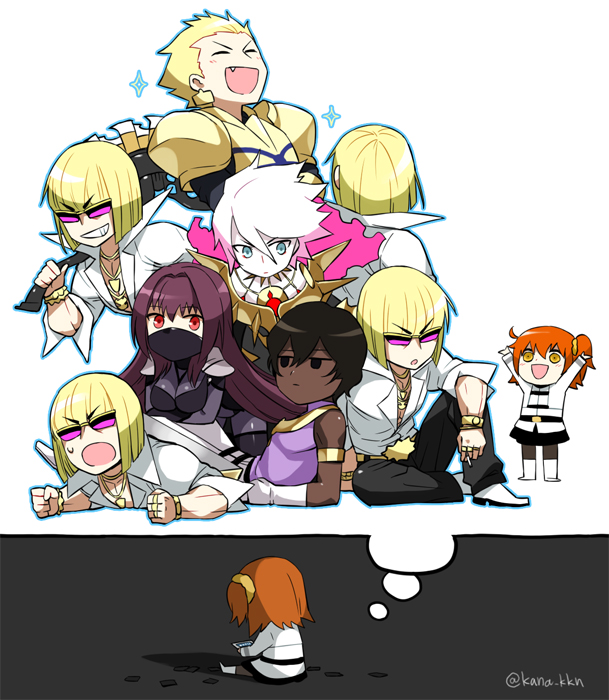 fujimaru ritsuka, scathach, gilgamesh, karna, arjuna, and 1 more (fate and 3 more) drawn by kaidou_j1