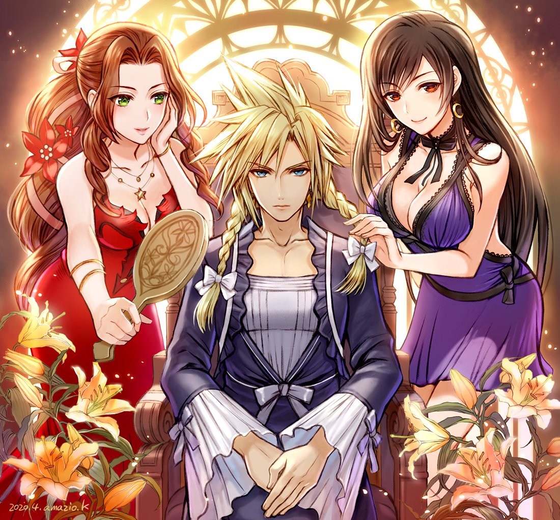 Tifa Lockhart Cloud Strife And Aerith Gainsborough Final Fantasy And 2 More Drawn By Amazio Komeko Danbooru