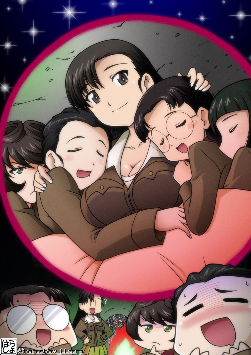 nishi kinuyo, fukuda haru, hosomi shizuko, nishihara yasoko, and hasegawa tatsu (girls und panzer) drawn by harada_shoutarou