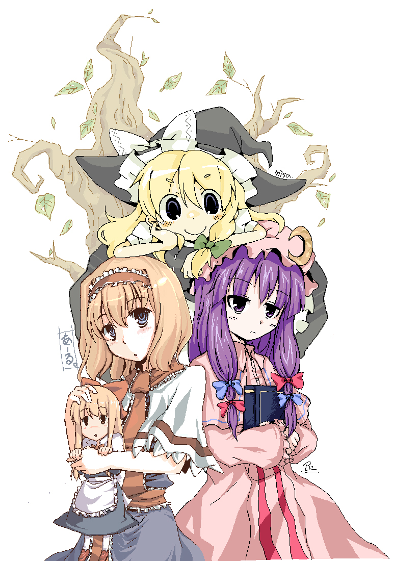 kirisame marisa, alice margatroid, patchouli knowledge, and shanghai doll (touhou) drawn by aaru_(tenrake_chaya), misaki_(1n1m), and mochizuki_ado