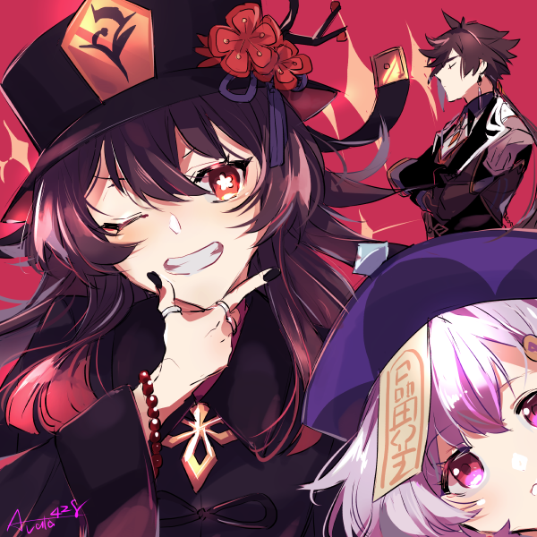 hu tao, zhongli, and qiqi (genshin impact) drawn by shibuya_arata