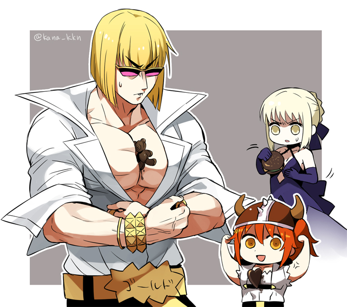 artoria pendragon, fujimaru ritsuka, saber alter, and sakata kintoki (fate and 1 more) drawn by kaidou_j1