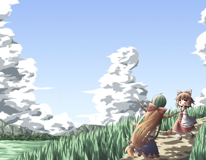 hakurei reimu and ibuki suika (touhou) drawn by higuredachi