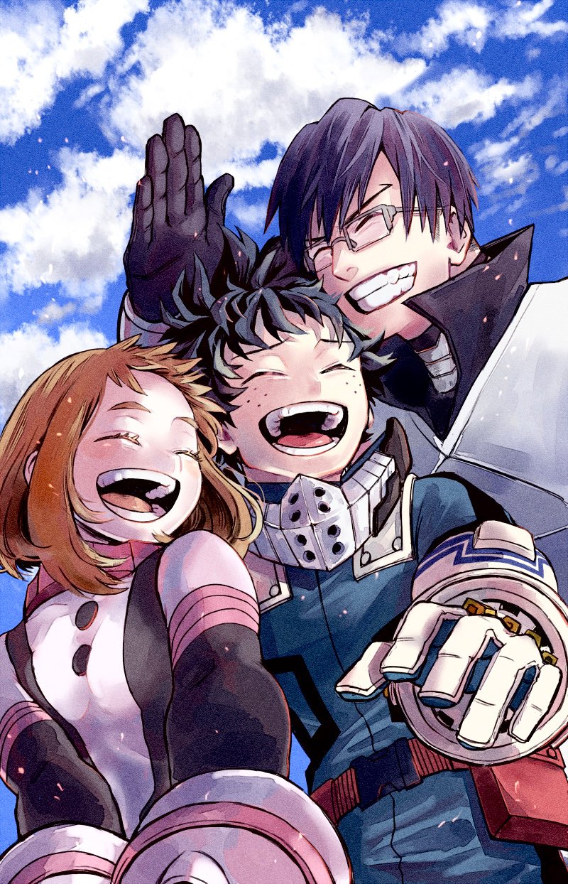 midoriya izuku, uraraka ochaco, and iida tenya (boku no hero academia) drawn by shun_yazz