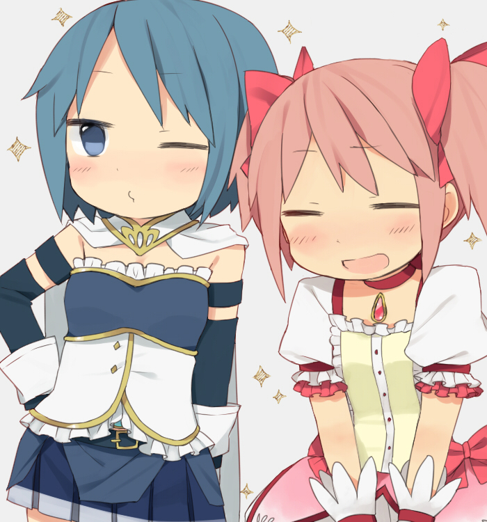 kaname madoka and miki sayaka (mahou shoujo madoka magica) drawn by tsuduya_(knt31)