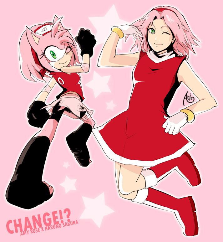 haruno sakura and amy rose (sonic and 2 more) drawn by ari1020