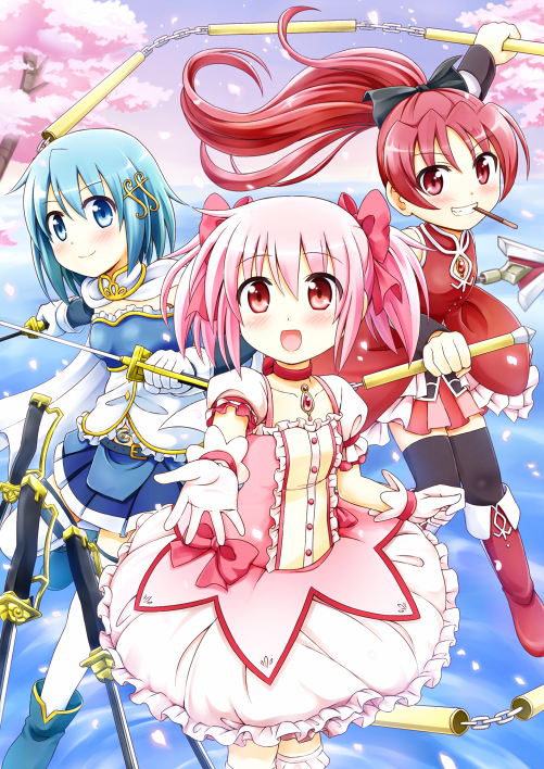 kaname madoka, miki sayaka, and sakura kyoko (mahou shoujo madoka magica) drawn by nichika_(nitikapo)
