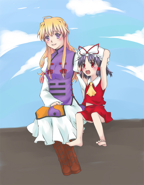 hakurei reimu and yakumo yukari (touhou) drawn by akatsukimaru_(sunnytrace)