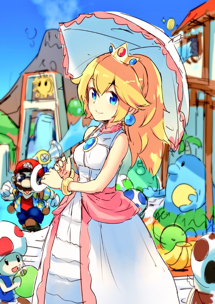 princess peach, mario, toad, red toad, f.l.u.d.d., and 3 more (mario and 1 more) drawn by hiraga_matsuri