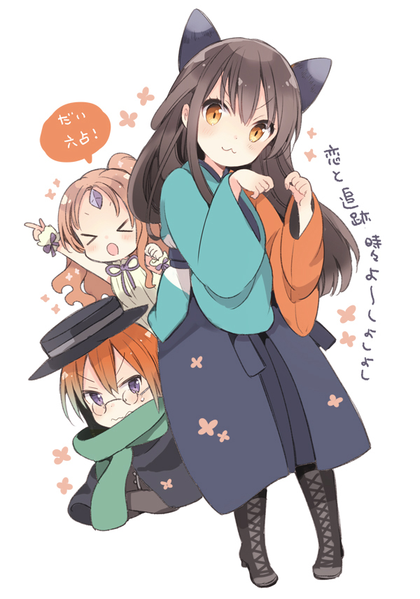 tatsumi kon, iroi saku, and yureeru (urara meirochou) drawn by harikamo