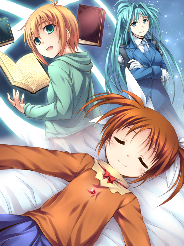 takamachi nanoha, raising heart, yuuno scrya, and lindy harlaown (lyrical nanoha and 2 more) drawn by kusakami_akira