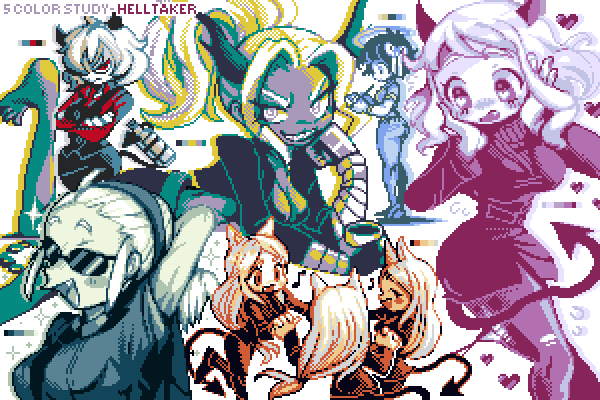 modeus, justice, cerberus, judgement, malina, and 1 more (helltaker) drawn by christy_frisby