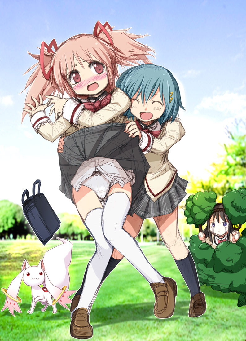 akemi homura, kaname madoka, miki sayaka, and kyubey (mahou shoujo madoka magica) drawn by harukigenia